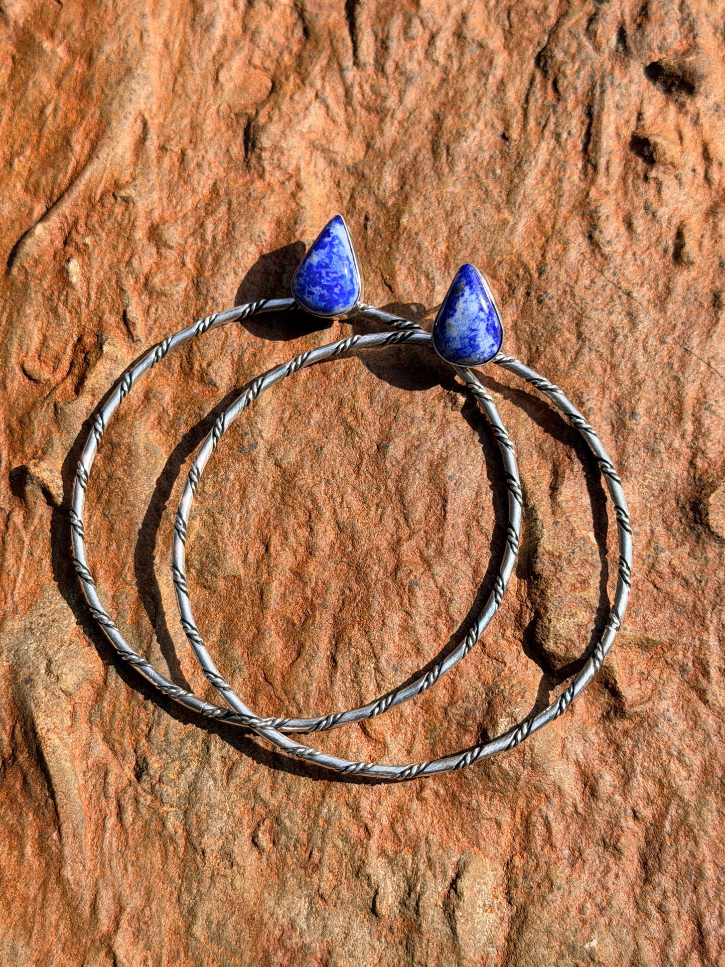 Authentic Navajo Lapis and Sterling Silver Hoops