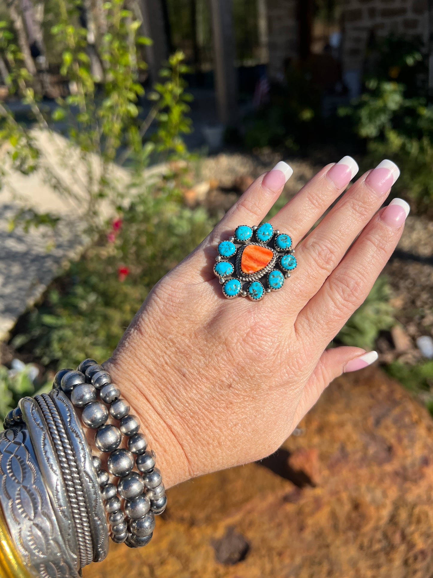 Navajo Cluster Orange Spiny Oyster Kingman Turquoise Sterling Silver