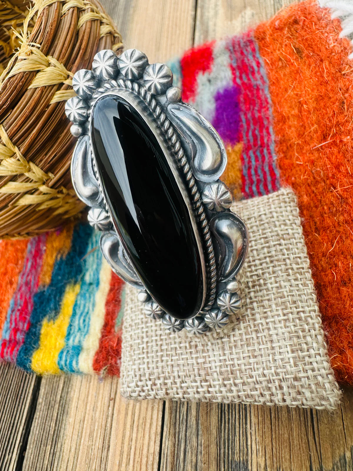 Giant Native Made Black Onyx & Sterling Silver Ring by Jeff James Jr