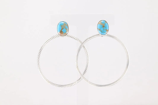 Twisted Rope Hoop Earrings with Turquoise Stone by Navajo Artist Verley Betone