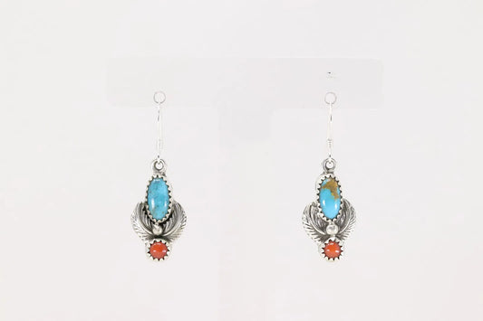 Dainty Turquoise and Coral Earrings by Navajo Artist