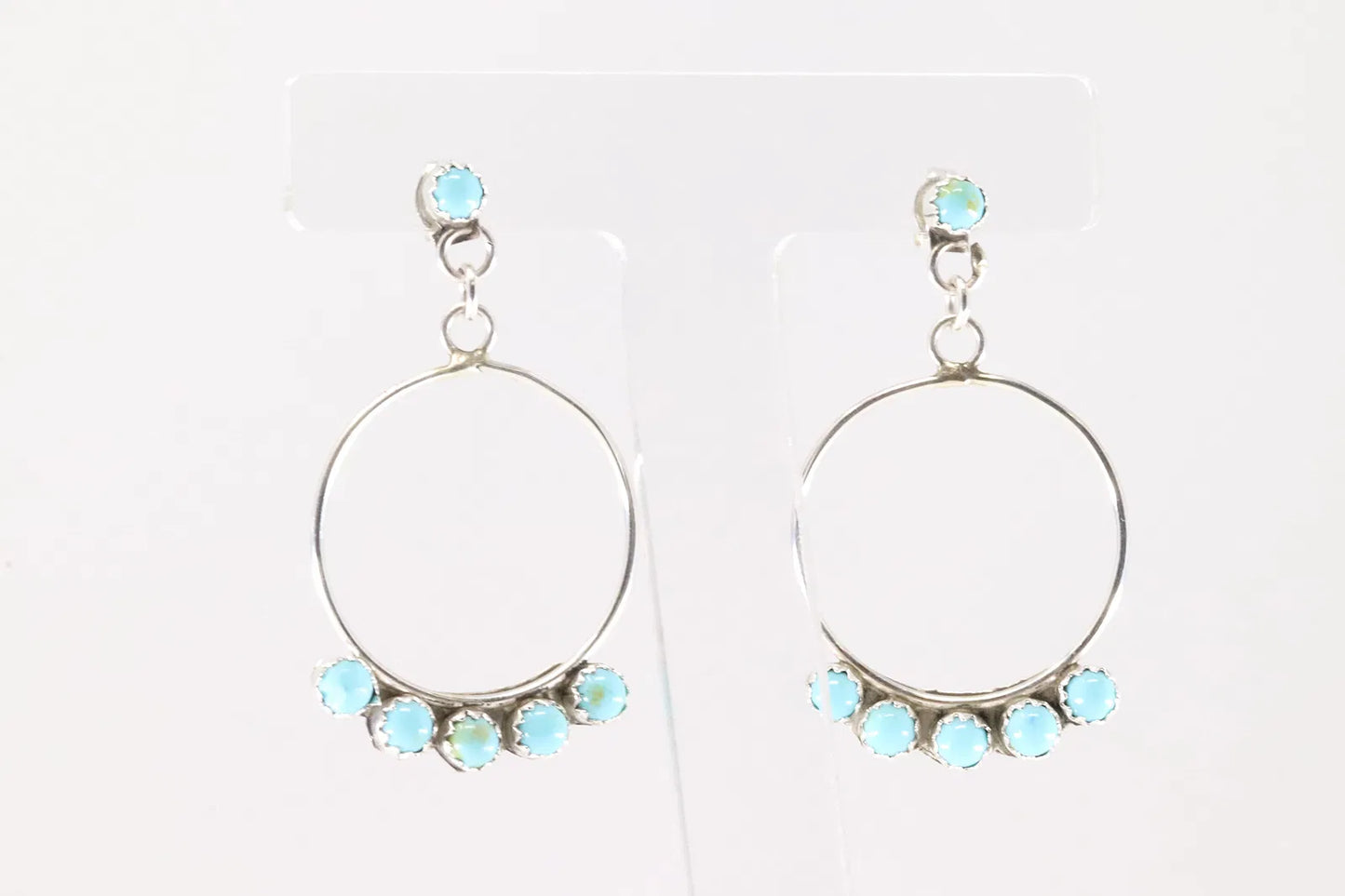 Lightweight Navajo Artist Chee Turquoise and Sterling Hoop Earrings