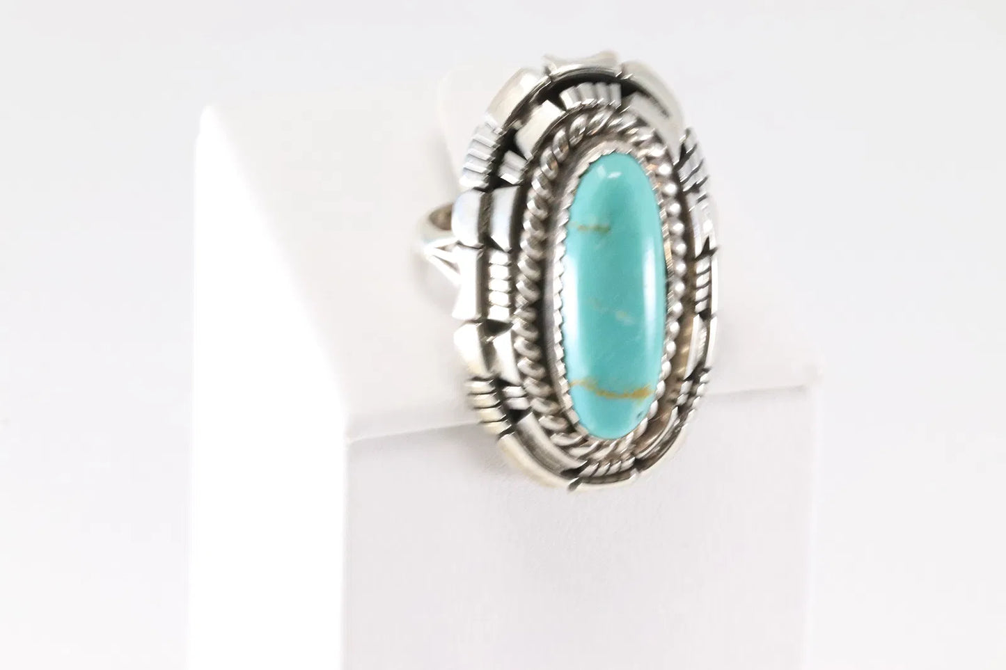 Kingman Turquoise Long Oval Statement ring by W Begay Ring