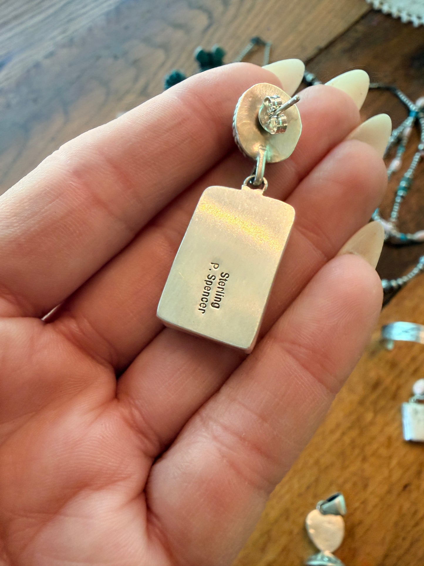 Native Made White Buffalo, Queen Pink Conch & Sterling Silver Dangle Earrings by P Spencer