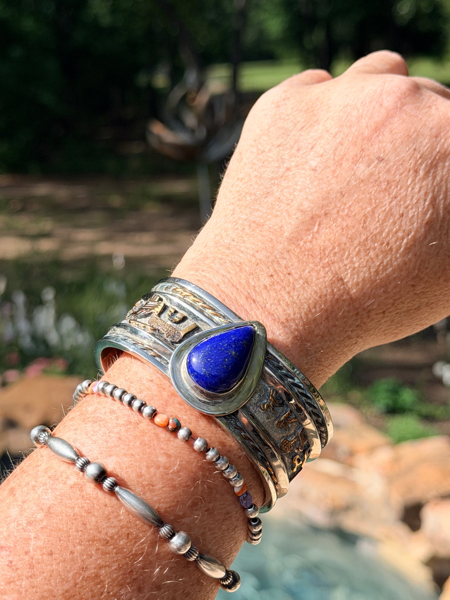 Vintage Navajo Lapis, Gold and Silver Storyteller Cuff