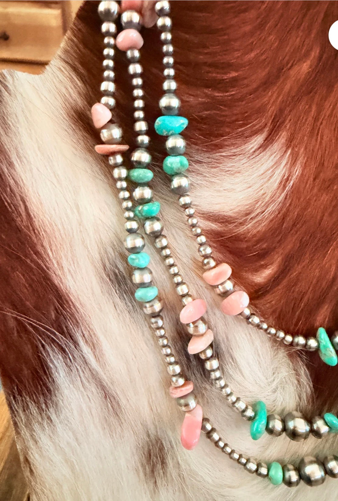 Native Strung, Handcrafted Turquoise, Queen Pink Conch Shell and Sterling Silver Pearl Beaded Necklace 16”
