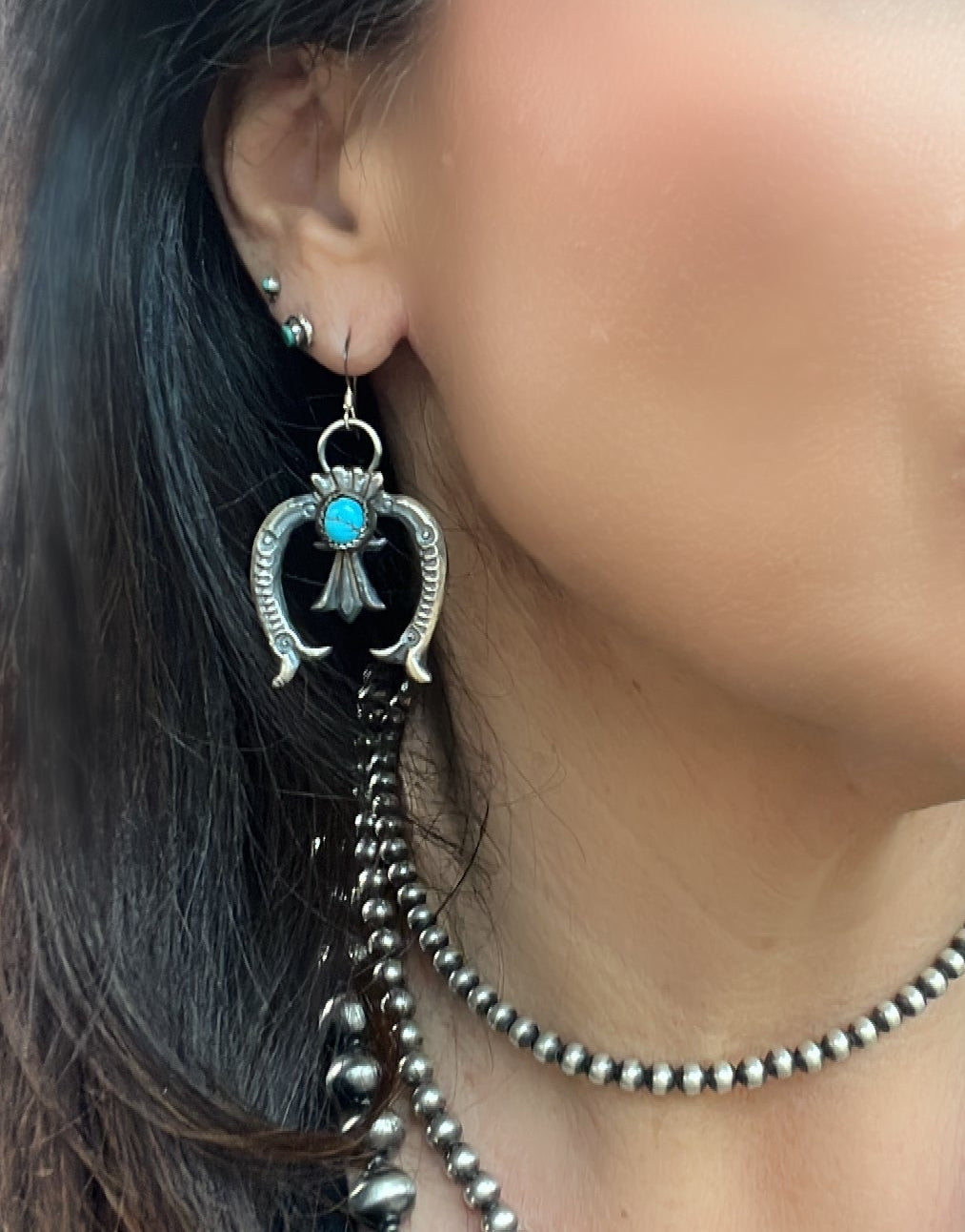 Native Made Naja Turquoise and Beautiful Hand Stamping Sterling Silver Earrings By EL Billah