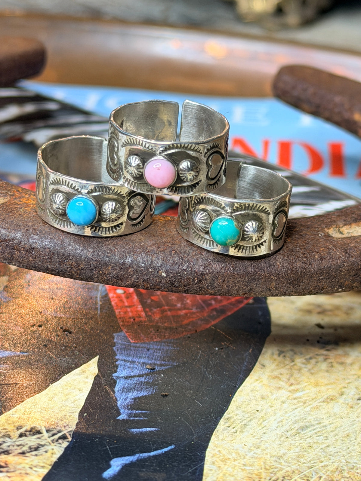 Navajo Made Freddy Platero Silver Heart and Stone Finger Band Cuff Ring Adjustable