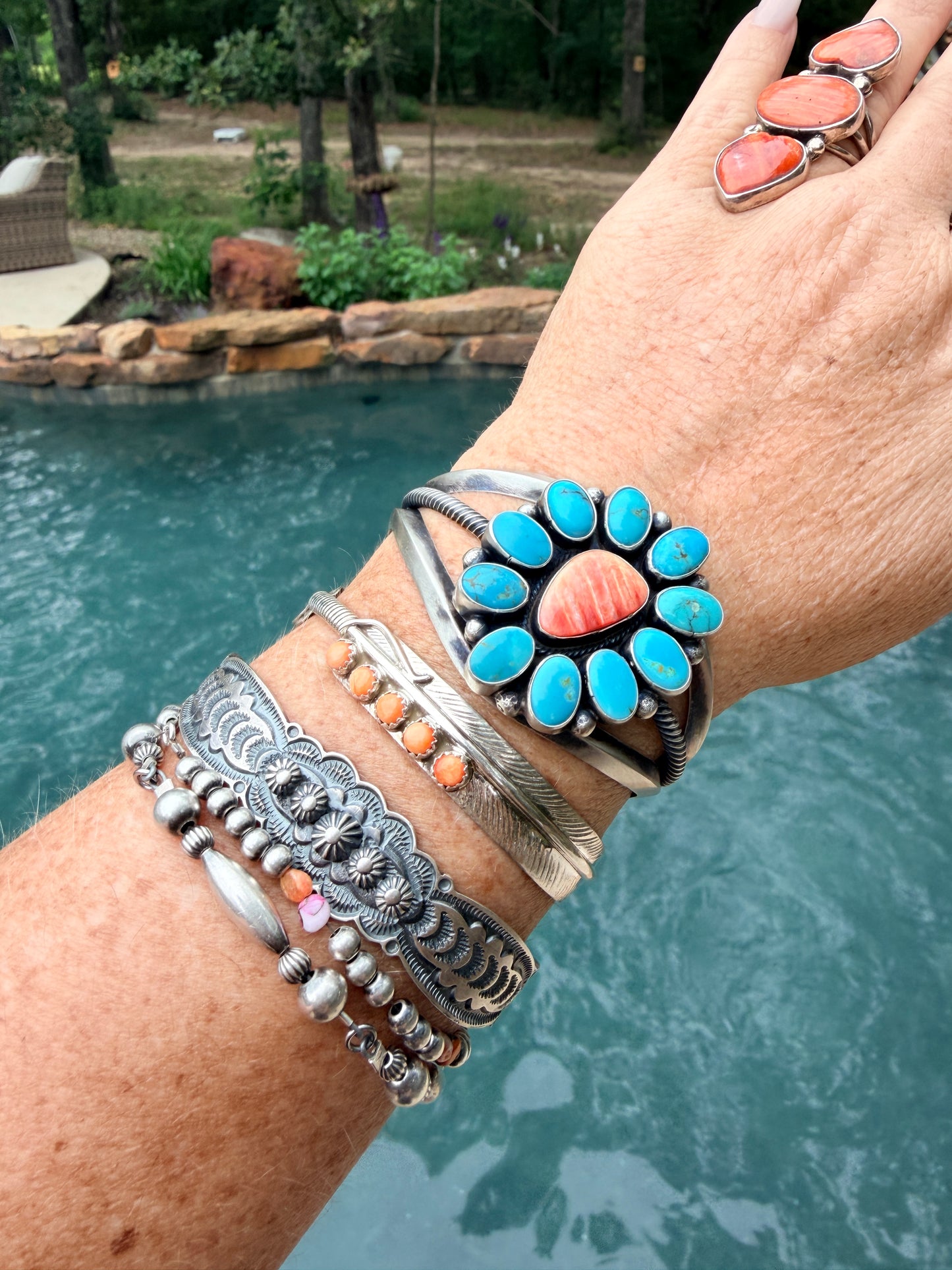 Large Kingman Turquoise Cluster and Orange Spiny Cuff