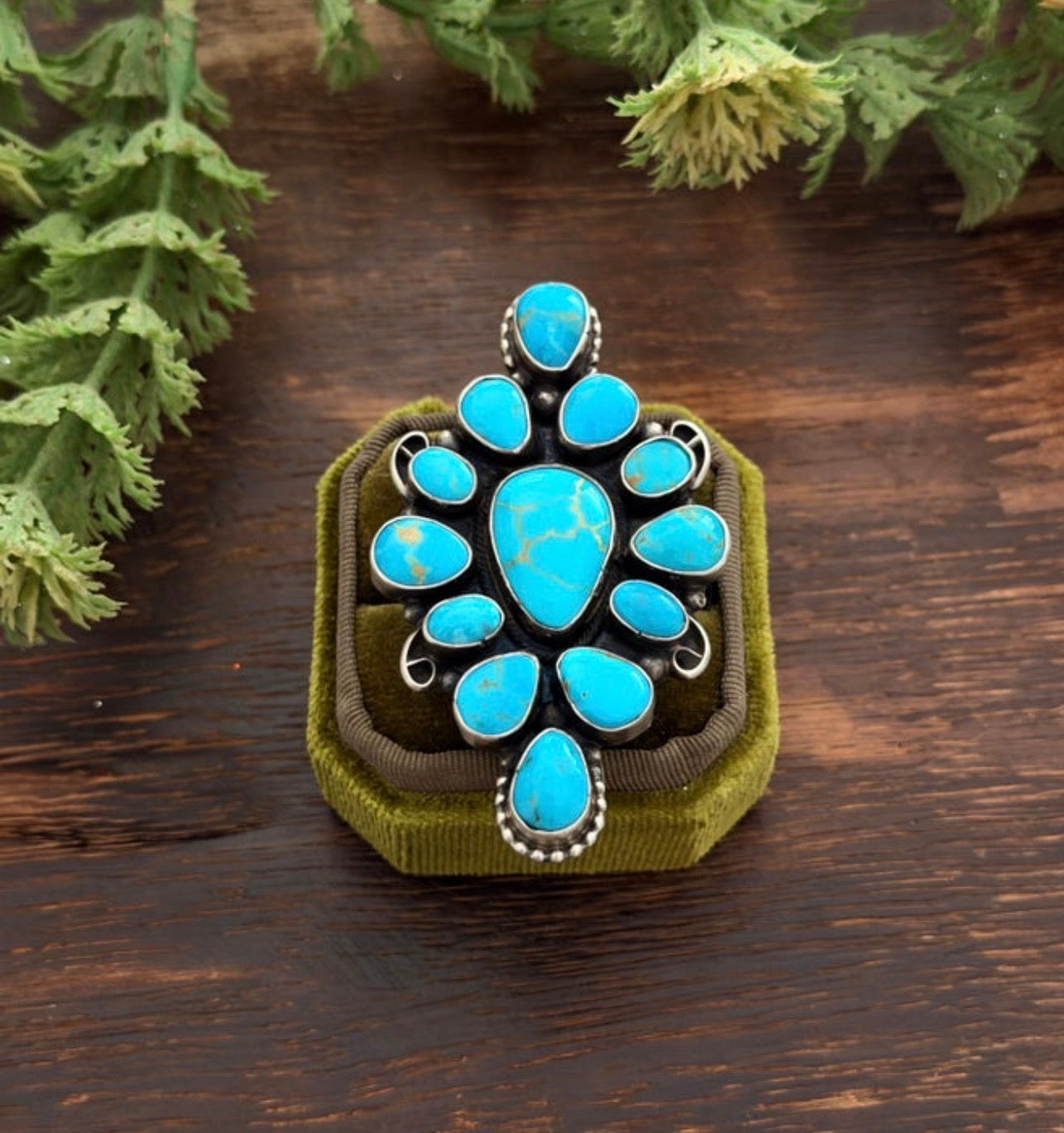 Native Made by Sheila Becenti, 13 Stone Kingman Turquoise & Sterling Sliver Adjustable Cluster Ring