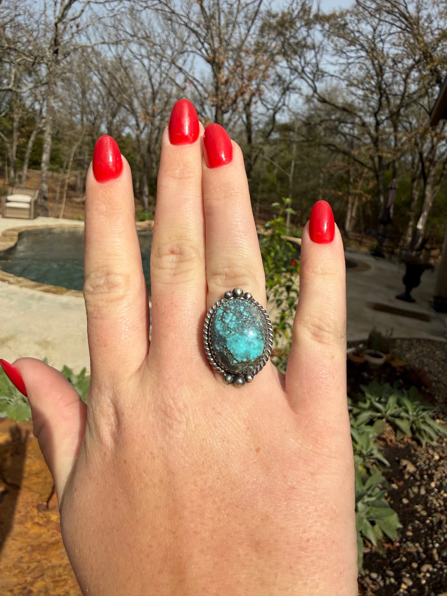 Native American Sterling Silver Spider Web Turquoise Ring By Charlie Yazzie . Ring size: 7
