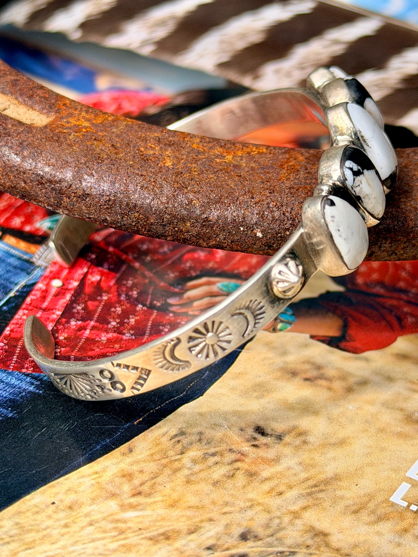 Handmade 5 Stone White Buffalo &
Sterling Silver Cuff Bracelet