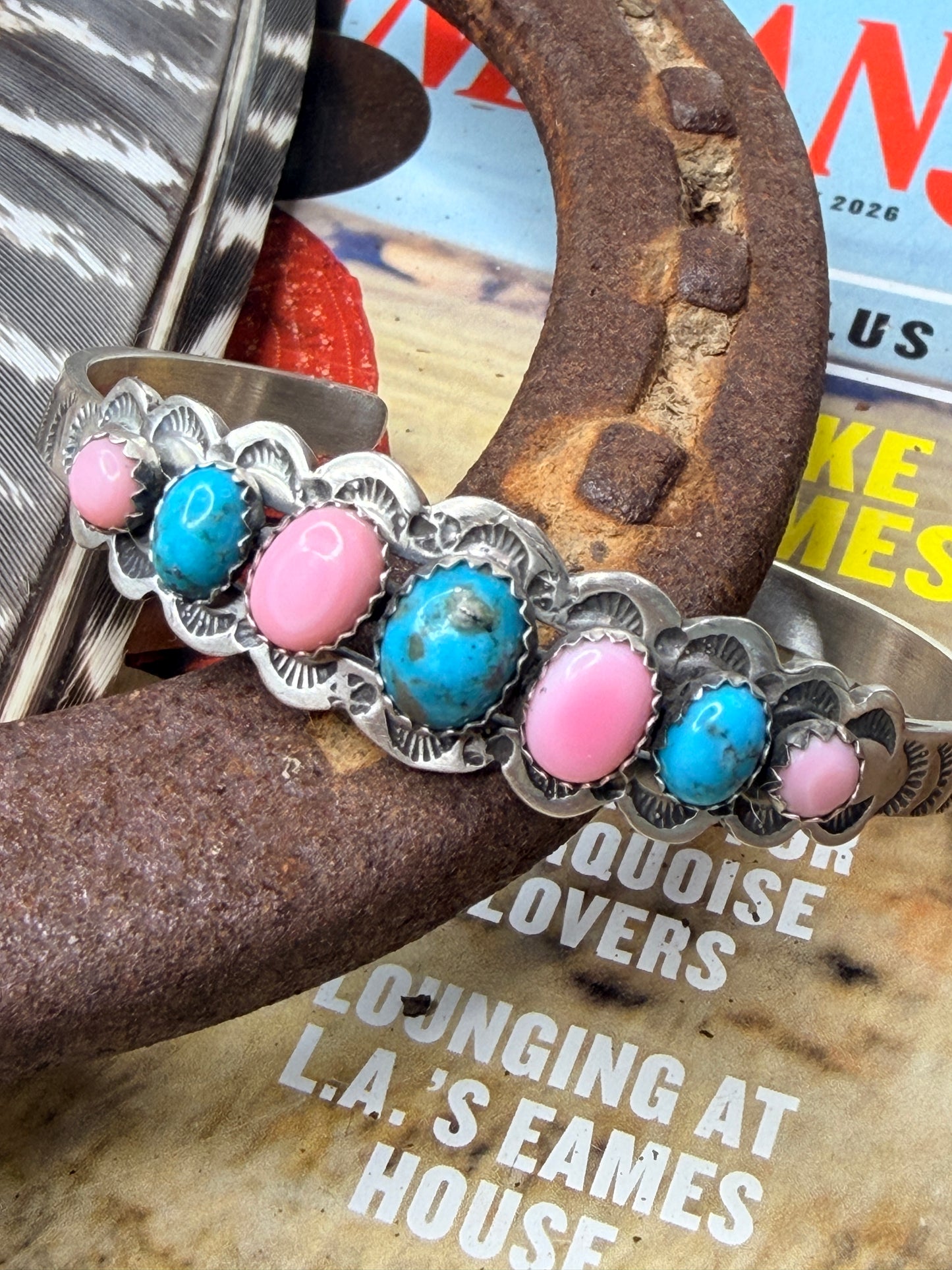 Native Made Nevada Turquoise and Pink Conch Cuff by Russell Sam