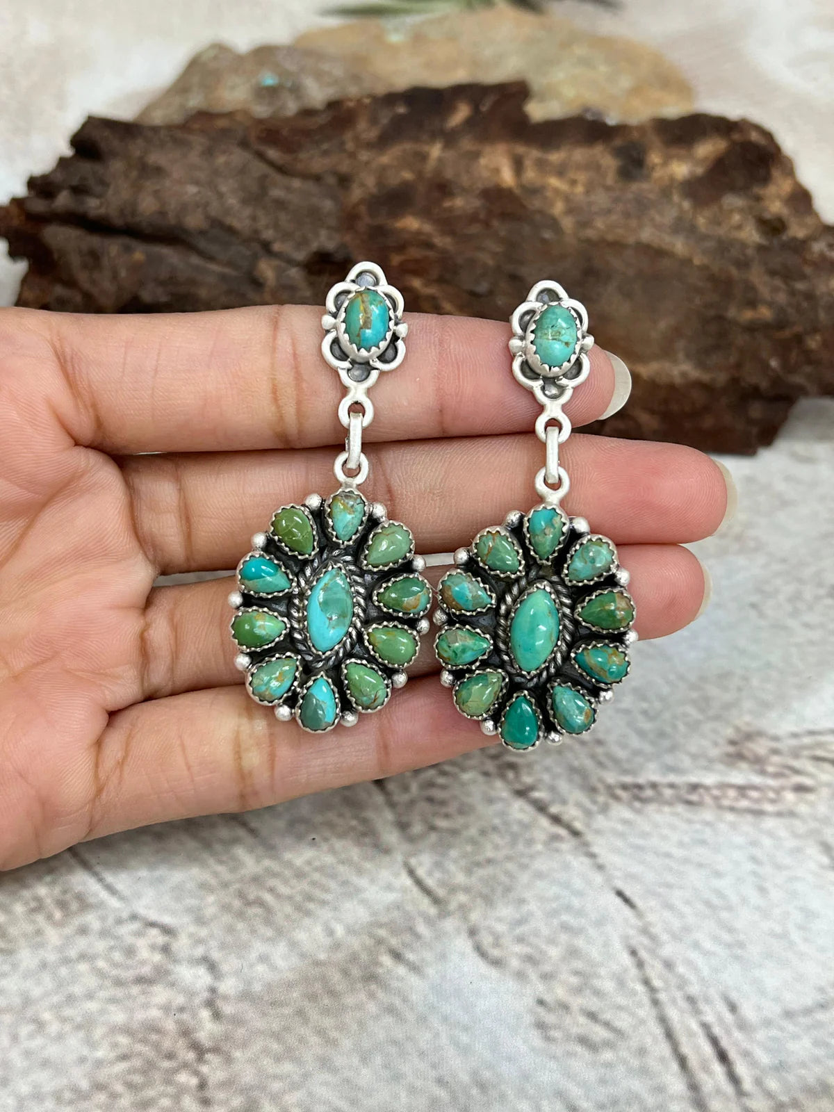 Handmade Kingman Turquoise and Sterling Silver Cluster Post Dangle Earrings