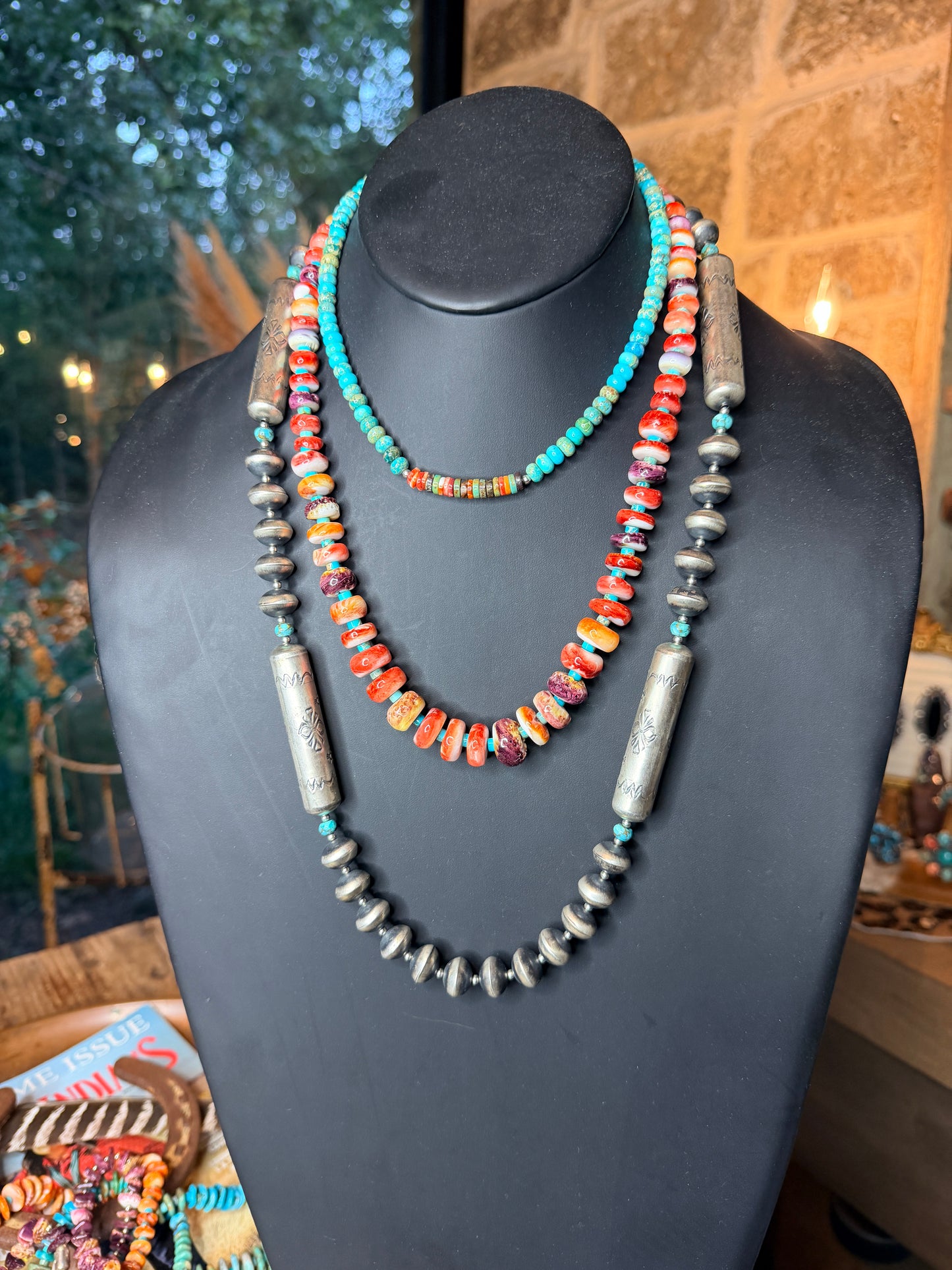 Navajo Handmade Spiny and Turquoise Beaded Necklace 24” by Kimberly Tom