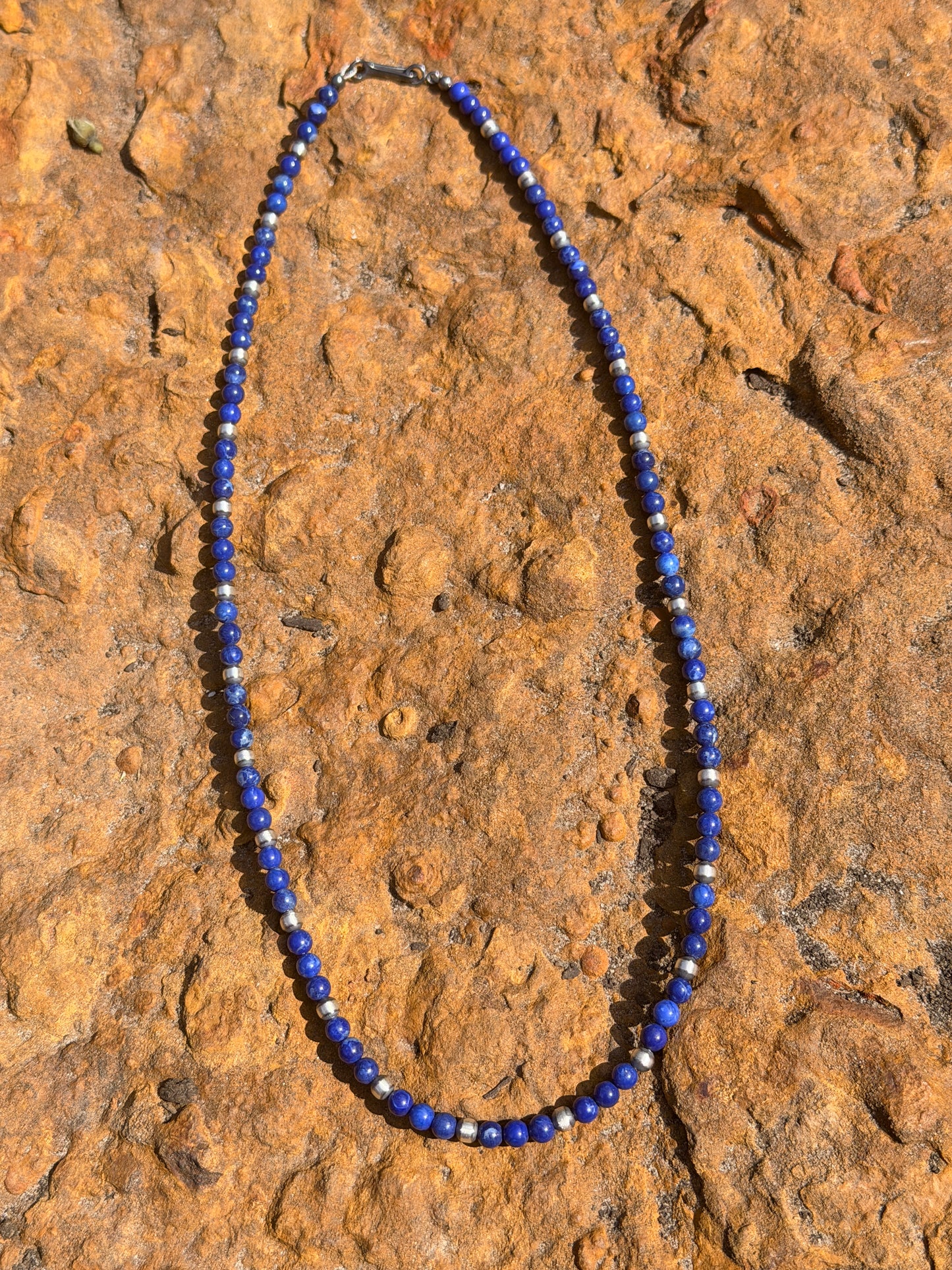 Native made Lapis and Sterling Silver 4mm bead necklace 20”