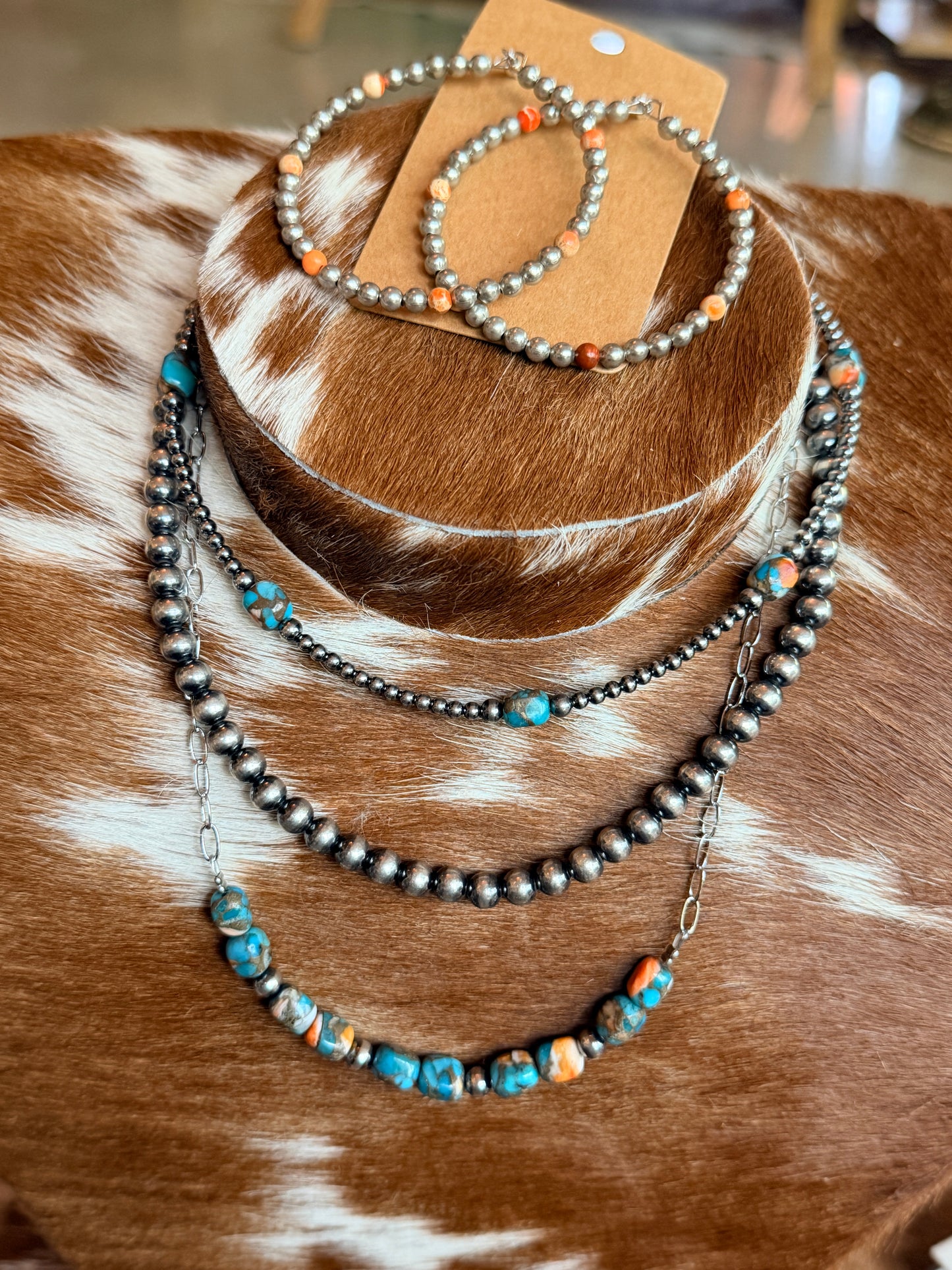 Turquoise & Spiny Oyster Necklace with Sterling Silver Pearls
