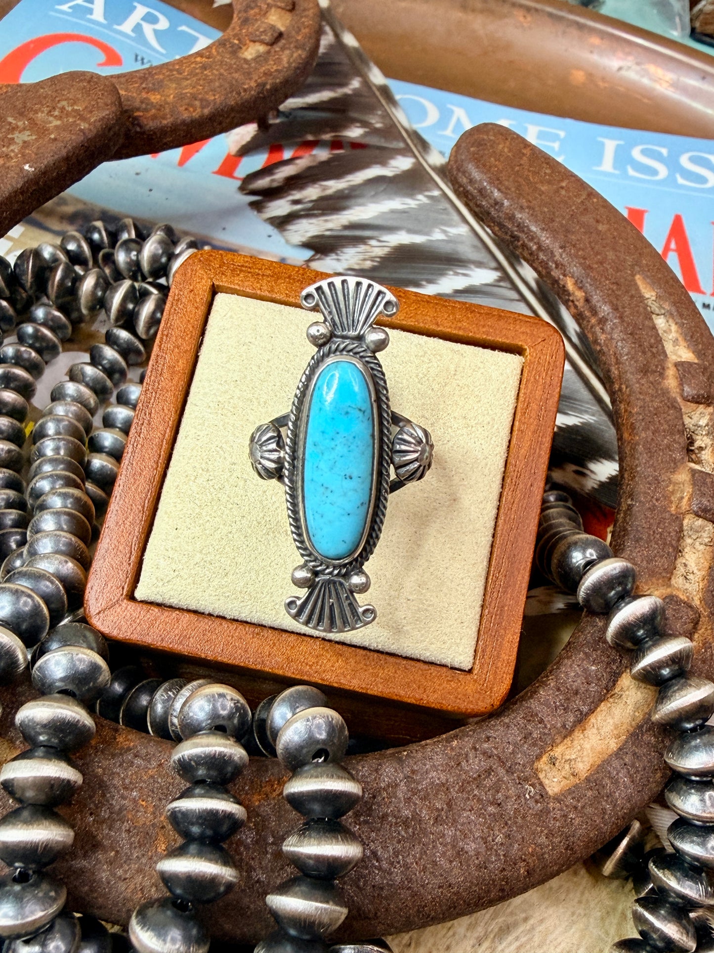 Authentic Native Made Turquoise and Detailed Sterling Silver Stamping and Starburst Ring by Maritta Benally size 7