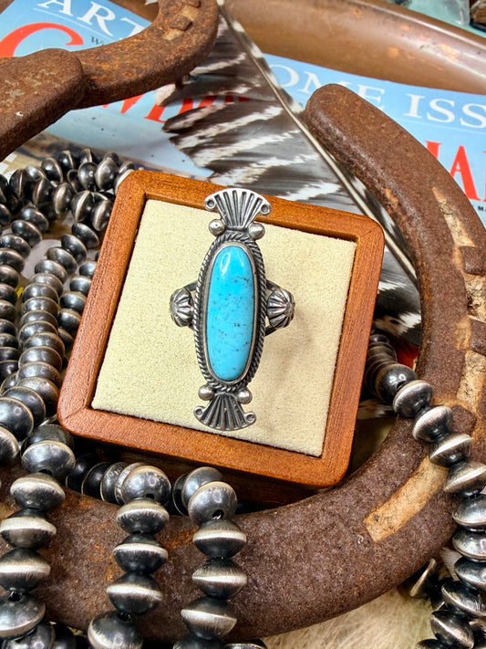 Authentic Native Made Turquoise and Detailed Sterling Silver Stamping and Starburst Ring by Maritta Benally size 7