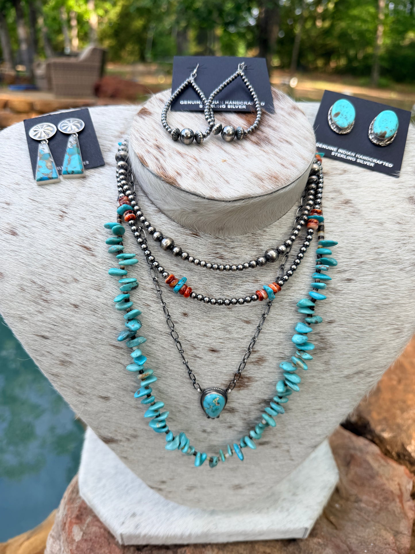 Sterling Silver Pearl Necklace with Orange Spiny Oyster & Sleeping Beauty Turquoise Chips