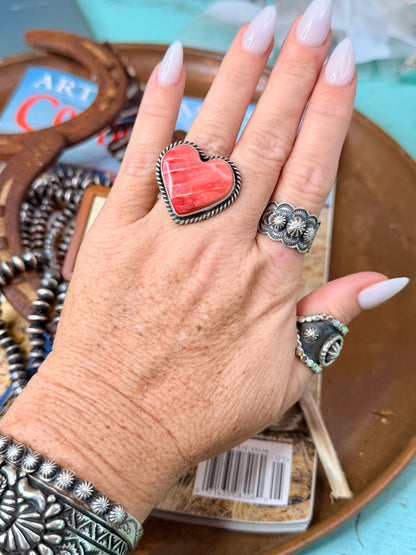 Native Made Red Spiny Large Heart Adjustable Ring stamped D