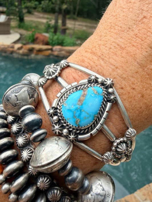 Native Made Large Detailed Turquoise Cuff