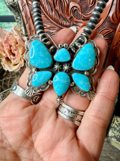 Native Made Kingman Turquoise Butterfly Pendant with Shepherds Hook by Emerson Degarito