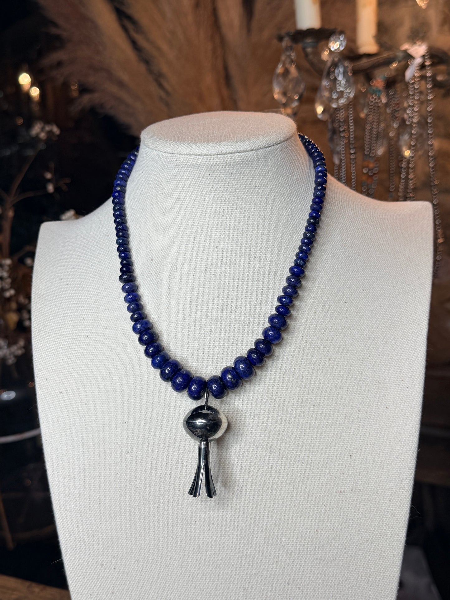 Navajo Handmade Lapis and Blossom Necklace 16”
