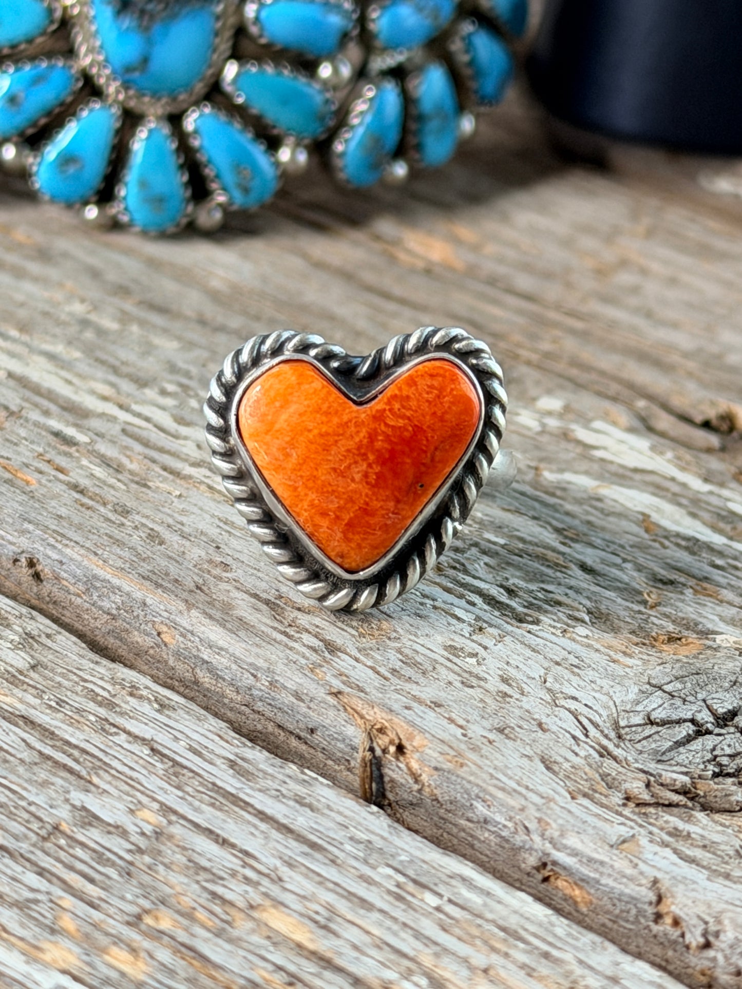 Authentic Adjustable Native America Navajo Sterling Silver Orange Spiny Oyster Heart Ring By C. Belone