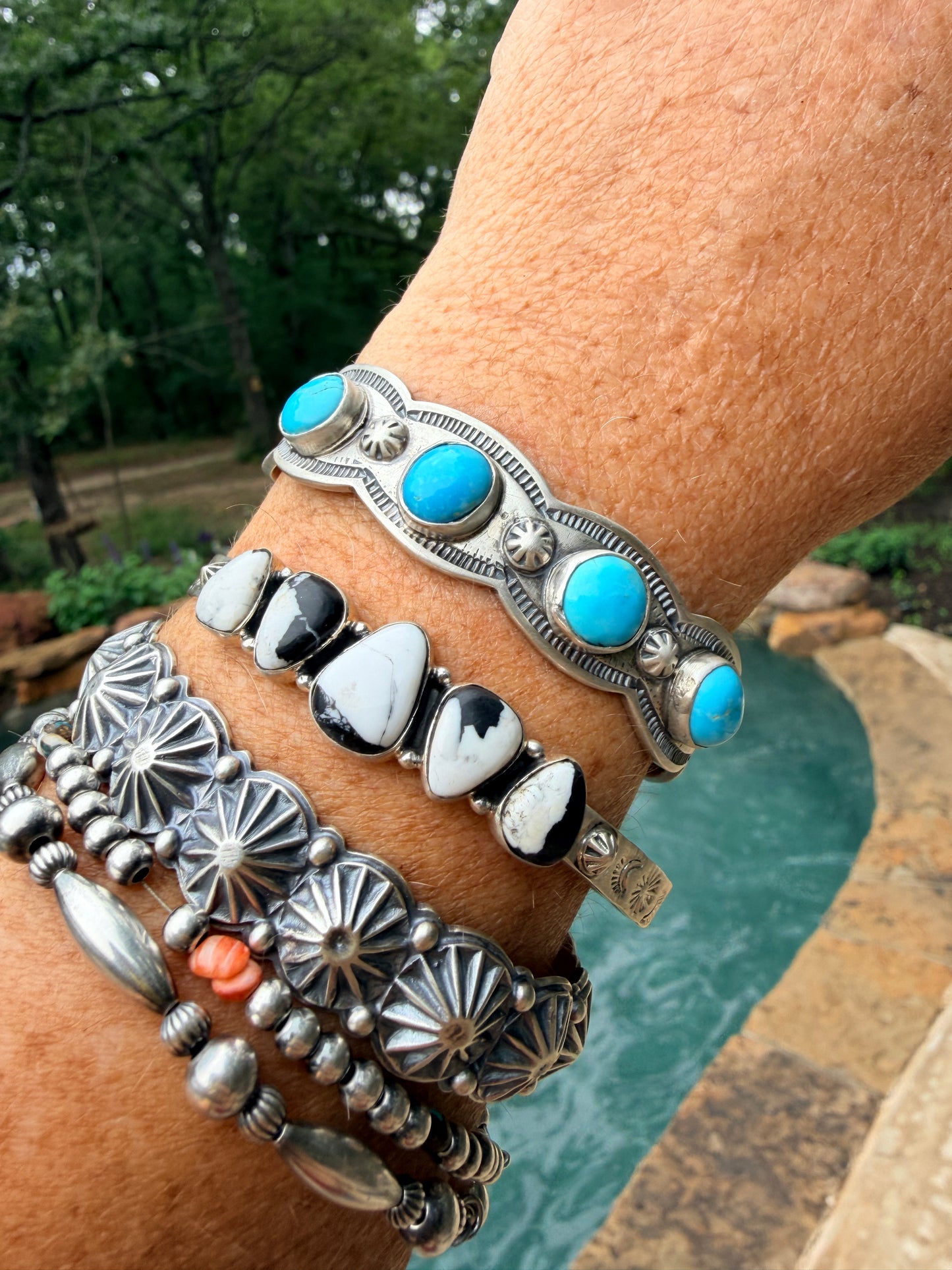 Handmade 5 Stone White Buffalo &
Sterling Silver Cuff Bracelet