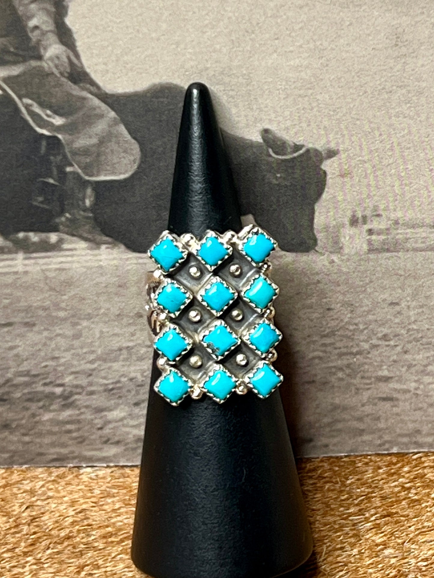 Authentic Native Made 12 Diamond Shaped Kingman Turquoise Stone Ring by Verley Betone size 7