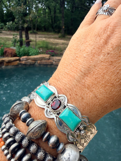 Native Made Turquoise and Garnet Cuff