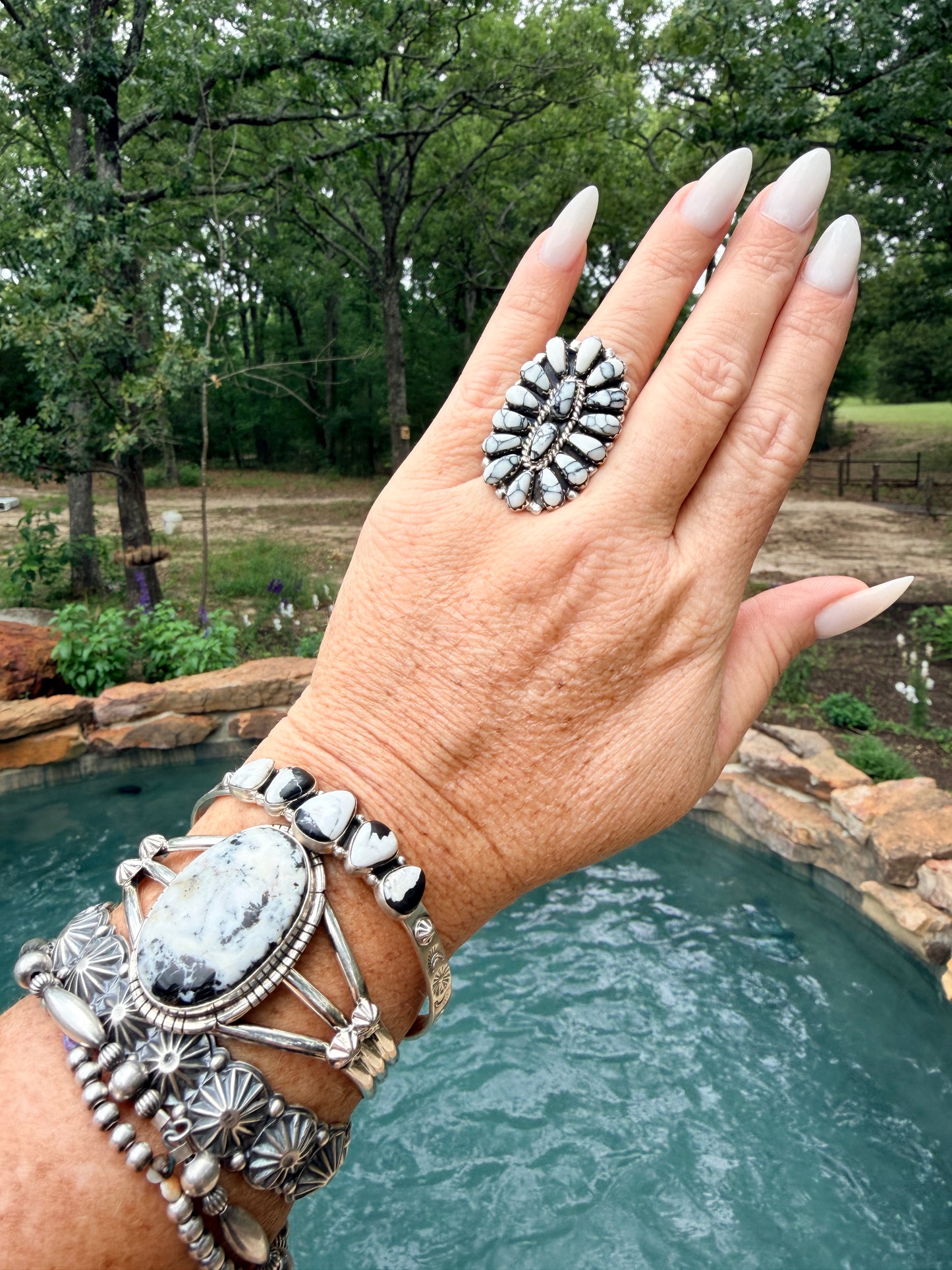 Native American Navajo Made White Buffalo Turquoise Cluster Ring size 6.5