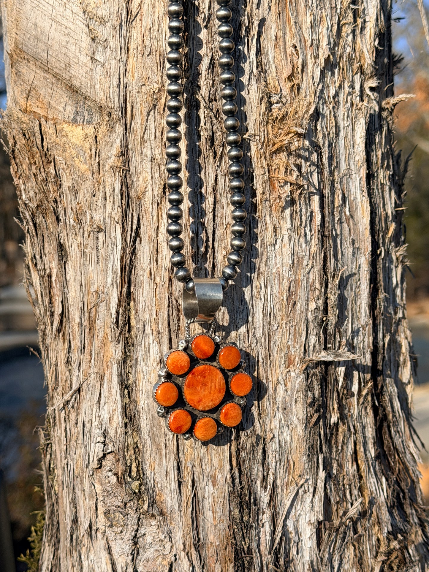 Native Made Spiny Oyster Flower Cluster Pendant on 6mm Pearls