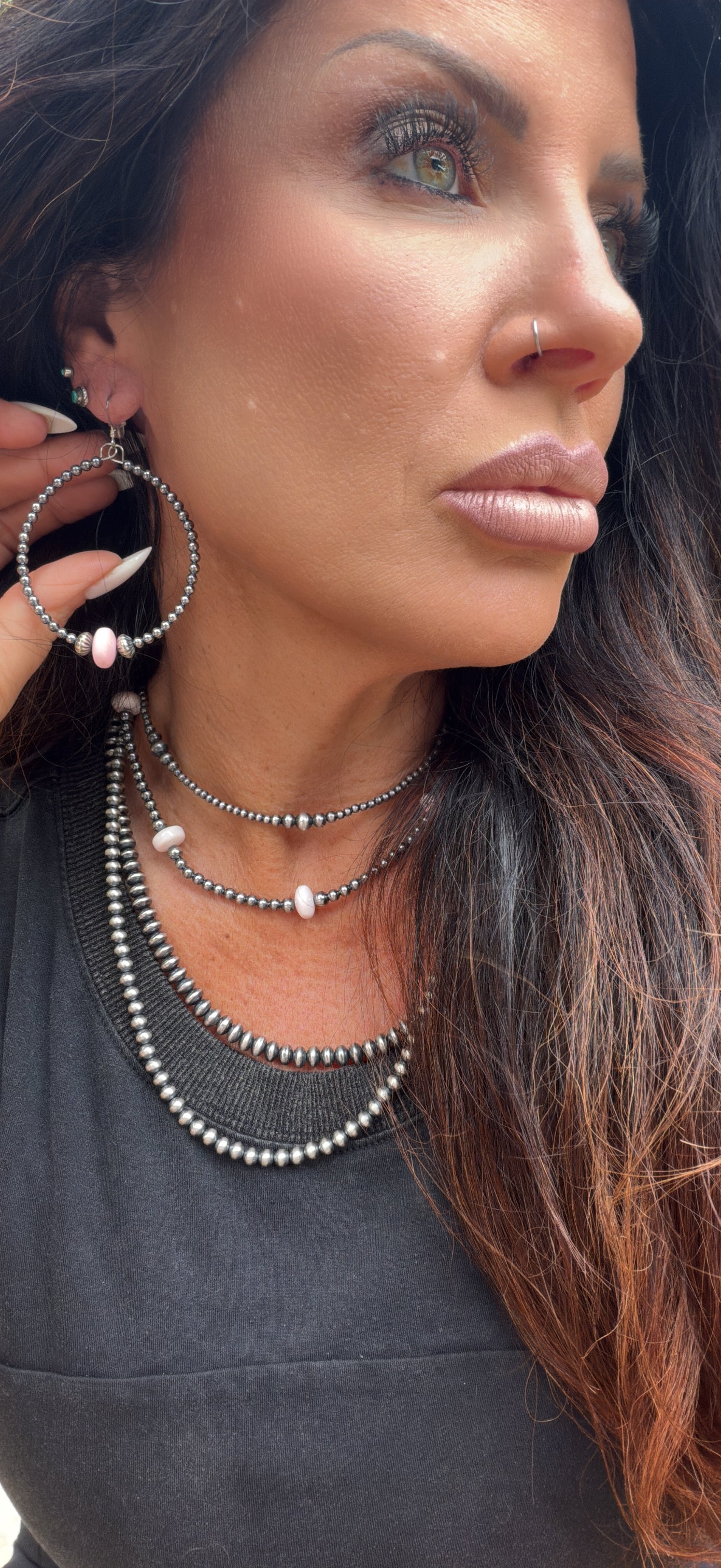 Sterling Silver Pearls Hoops with Pink Conch