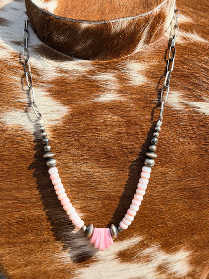 Pink Conch Necklace with Navajo Pearls on Paper Clip Chain