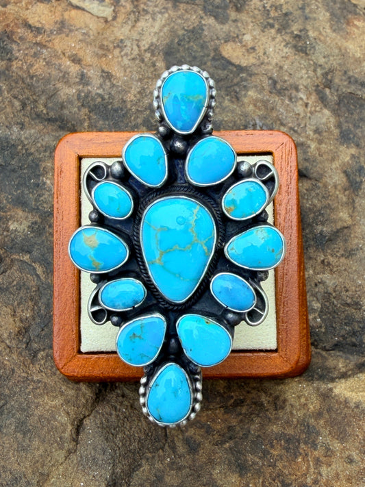 Native Made by Sheila Becenti, 13 Stone Kingman Turquoise & Sterling Sliver Adjustable Cluster Ring