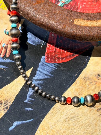 Red Spiny, Turquoise and Desert Pearls Necklace