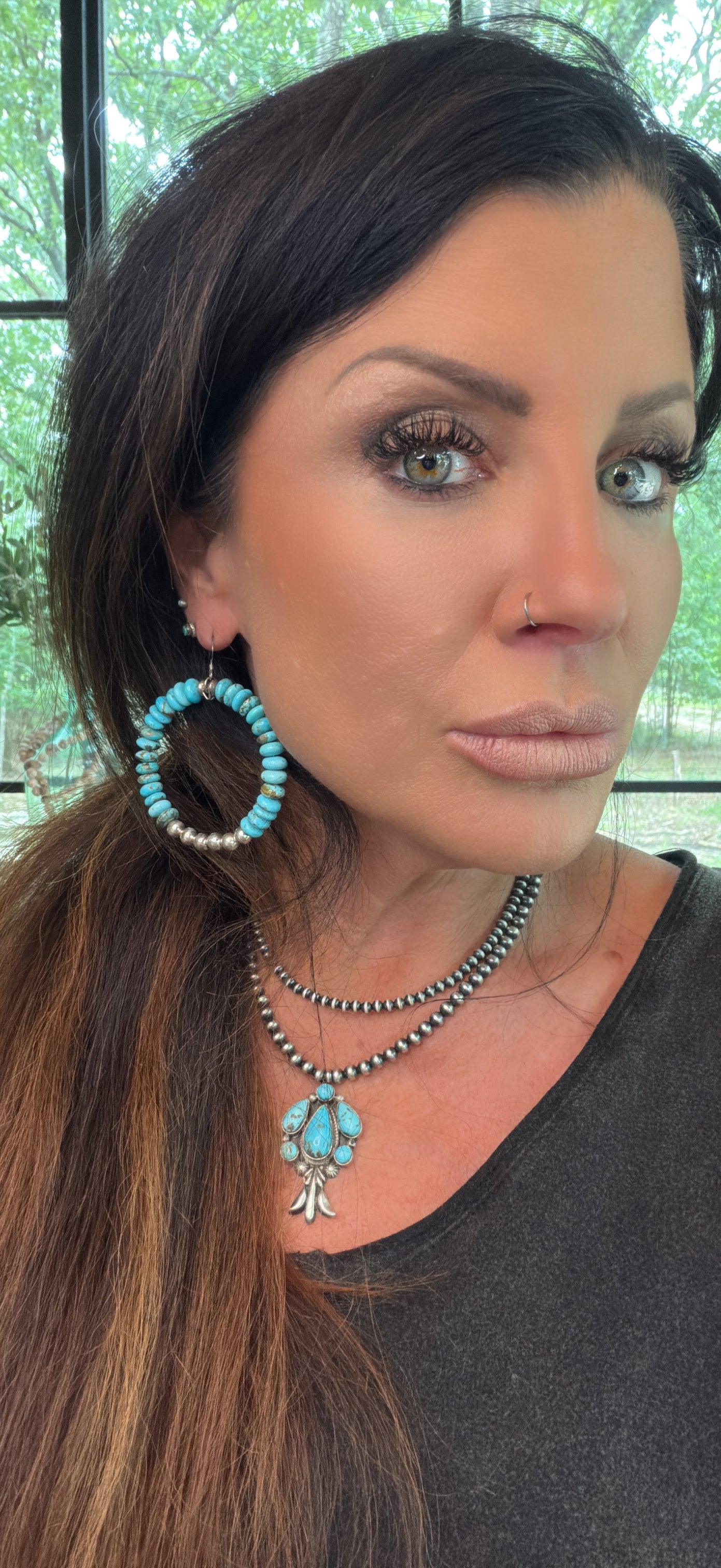 Native Made Hoops featuring 8mm Rondelle Turquoise with 6mm Sterling Silver Beads