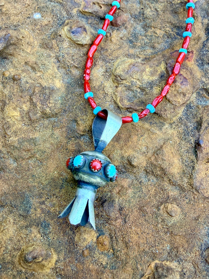 Native Made Squash Blossom Pendant on Beaded Necklace by Monica Smith