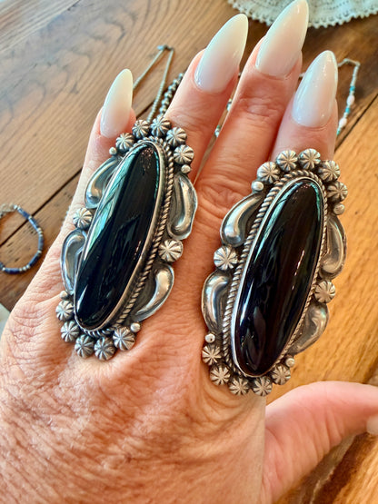 Giant Native Made Black Onyx & Sterling Silver Ring by Jeff James Jr