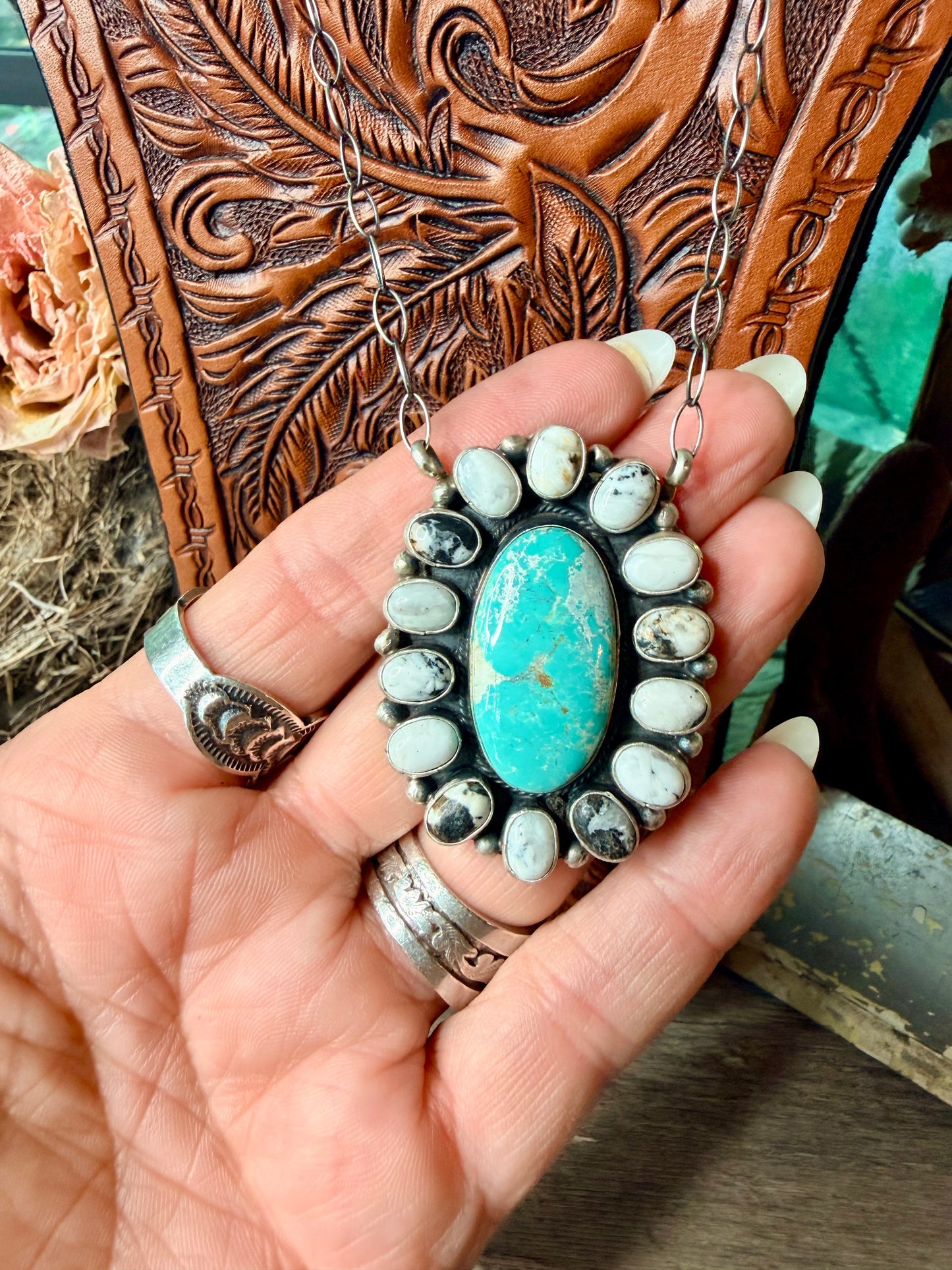 Native Made White Buffalo and Turquoise Cluster Necklace by Sheila Becenti