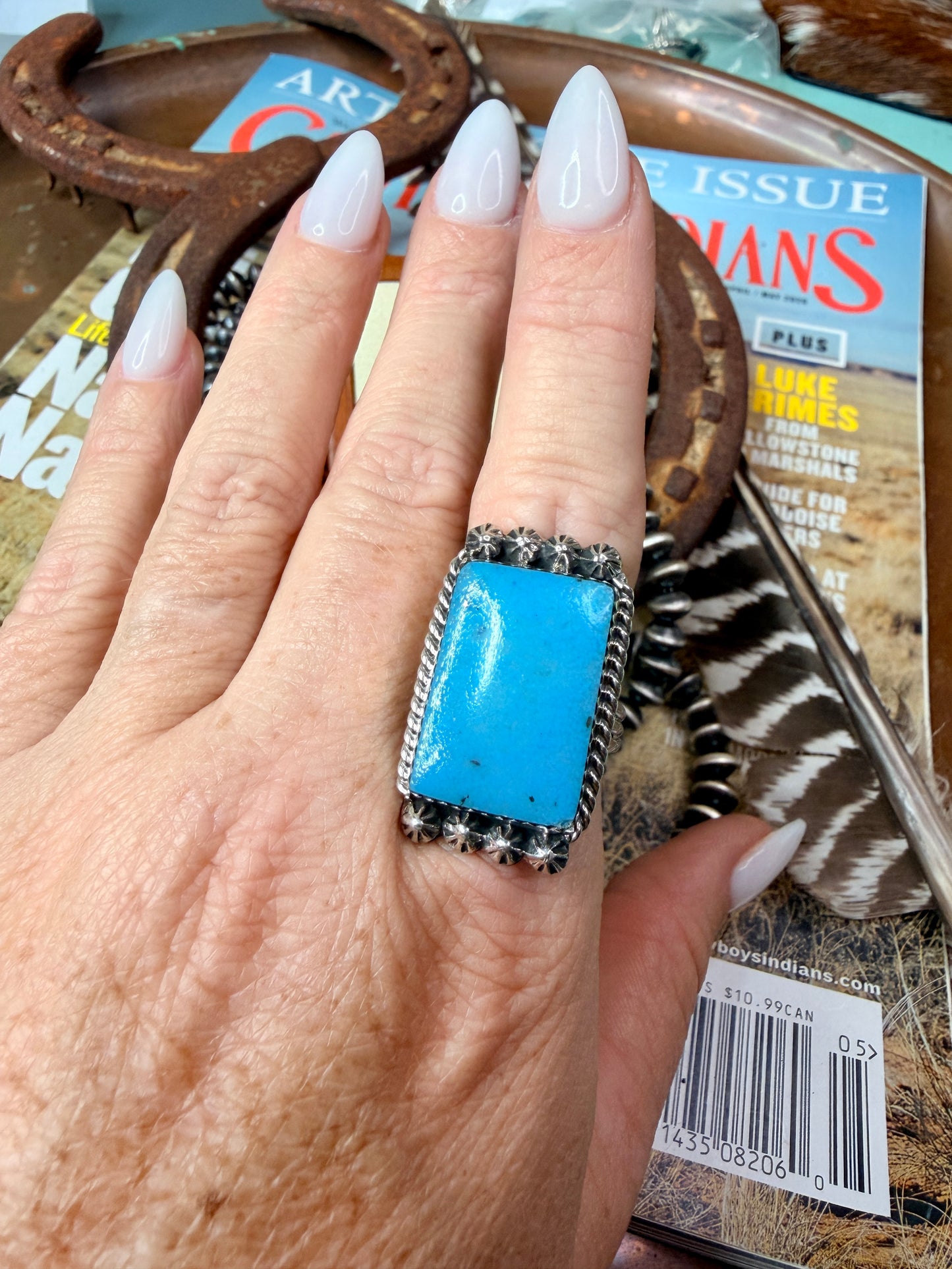 Native Made Large Turquoise Rectangular Ring with Starburst size 9