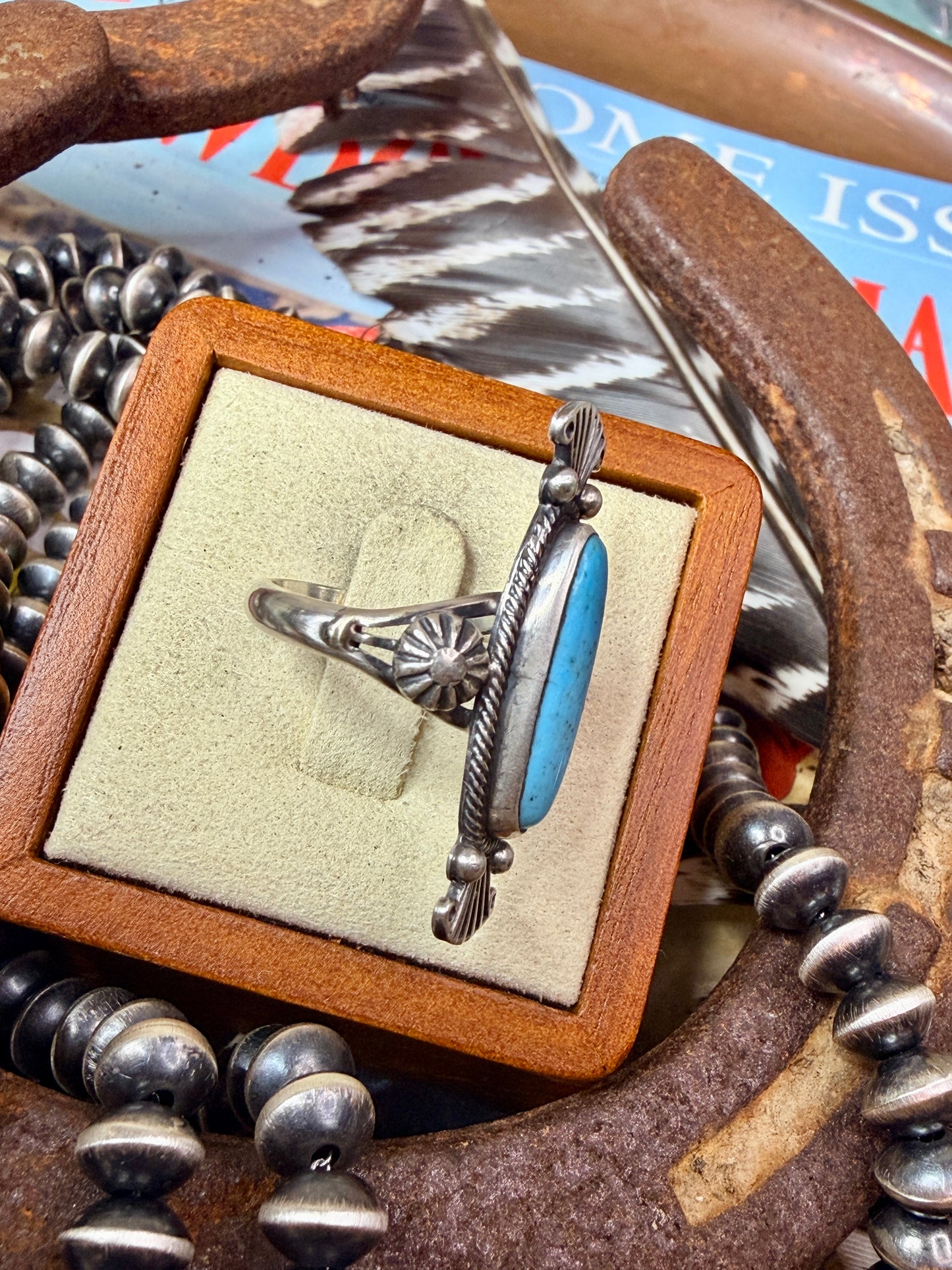Authentic Native Made Turquoise and Detailed Sterling Silver Stamping and Starburst Ring by Maritta Benally size 7