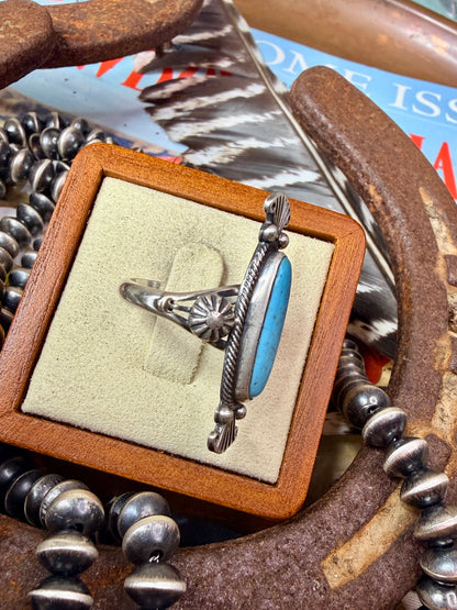 Authentic Native Made Turquoise and Detailed Sterling Silver Stamping and Starburst Ring by Maritta Benally size 7