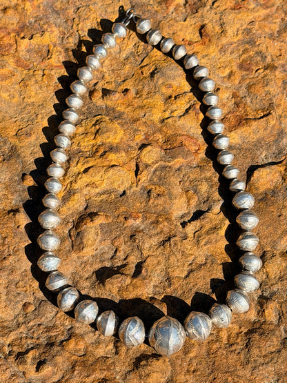 Vintage Old Pawn Navajo Pearls Necklace Graduated Beads Hand Stamped Sterling Silver 18” Long