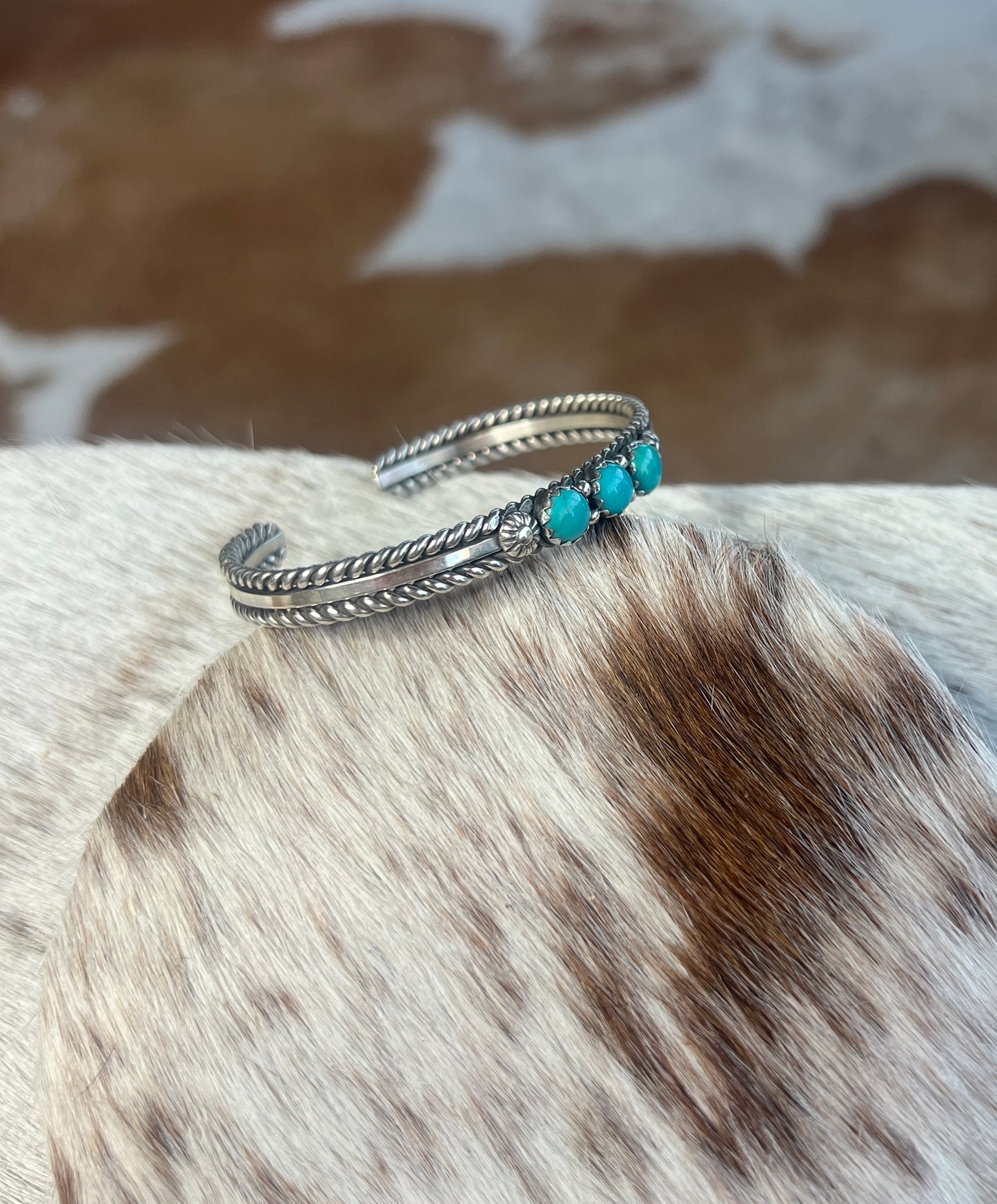 Native Made 3 Stone Turquoise Cuff with Rope Design