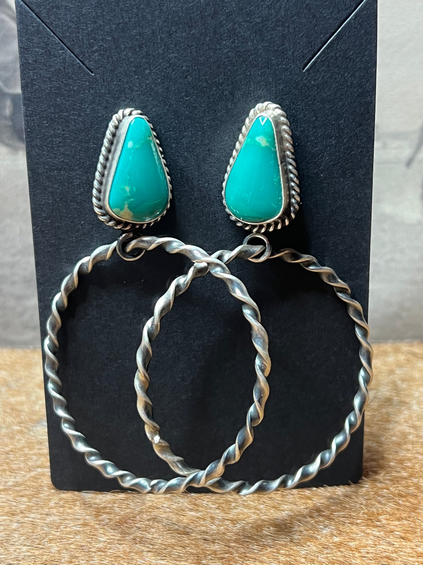 Beautiful Authentic Turquoise and Twisted Hoop Post Earrings