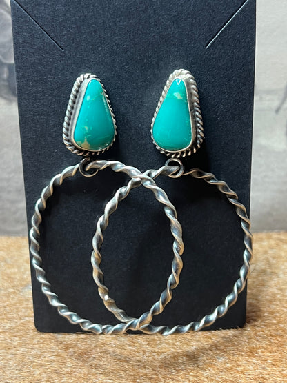 Beautiful Authentic Turquoise and Twisted Hoop Post Earrings