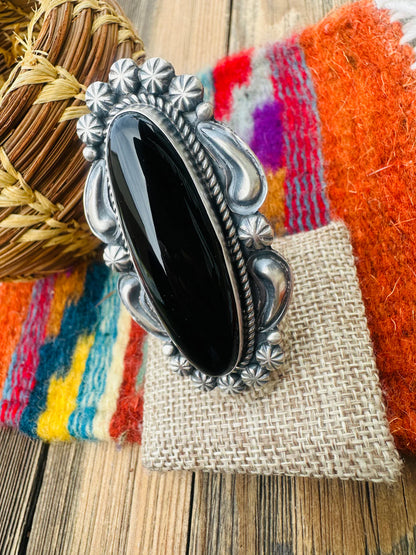 Giant Native Made Black Onyx & Sterling Silver Ring by Jeff James Jr